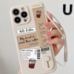 غطاء هاتف كرتوني بتصميم علامة قهوة Apple One، مزود بمسند وحزام معصم.