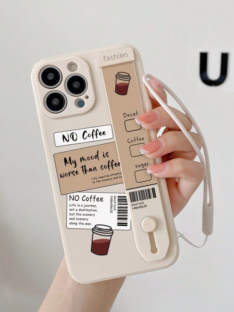 غطاء هاتف كرتوني بتصميم علامة قهوة Apple One، مزود بمسند وحزام معصم.