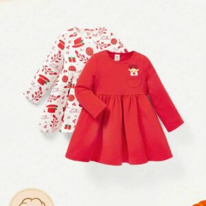 فستان مريح للفتيات الصغيرات مكون من قطعتين بجيب(2-3Y)