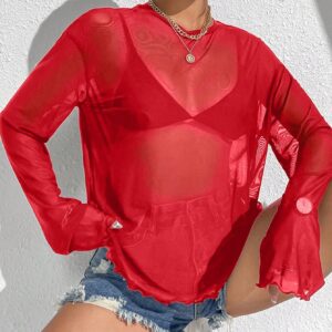 SHEIN Privé Lettuce بلوزة شيفون اسود شفافة من