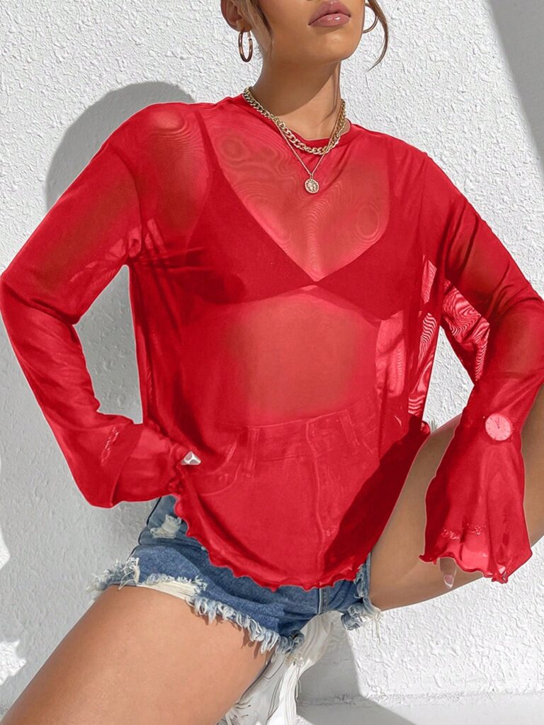 SHEIN Privé Lettuce بلوزة شيفون اسود شفافة من