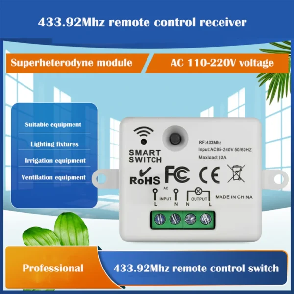 مفتاح تحكم لاسلكي بتردد 433.92 ميجاهرتز، يعمل بجهد 110V أو 220V، للتحكم في لمبات LED.